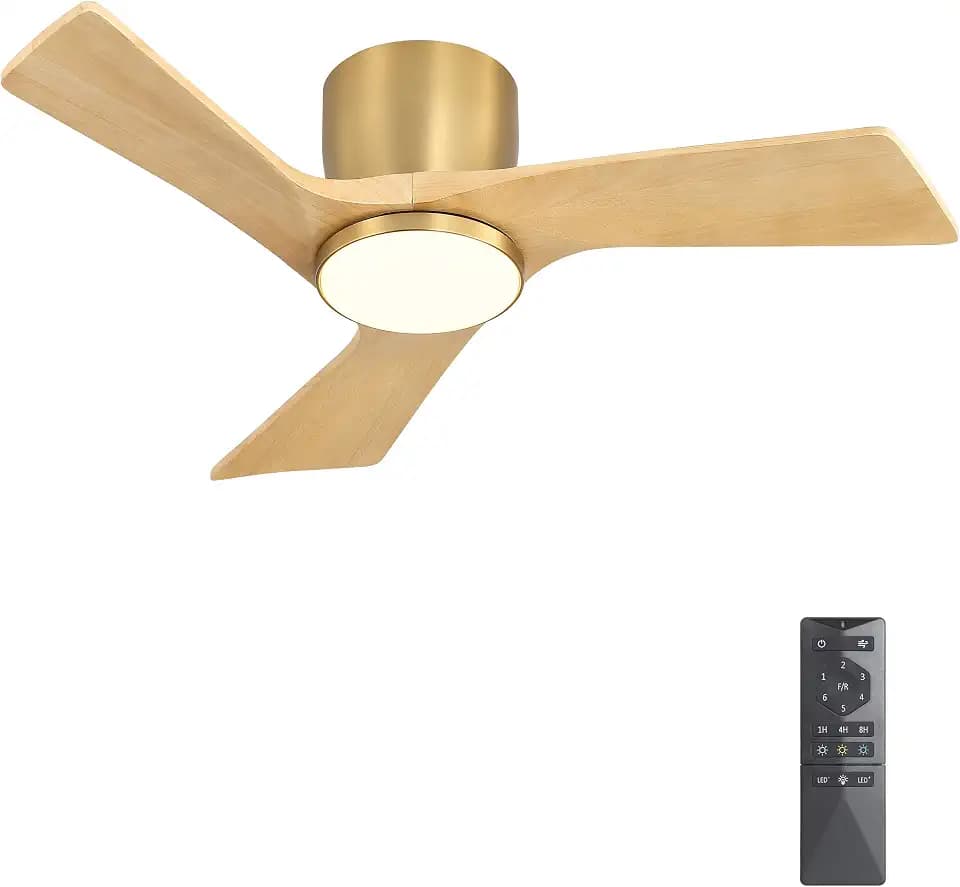 WINGBO 36 Inch Ceiling Fan with Light and Remote, Low Profile Flush Mount Modern Ceiling Fan, 3CCT Dimmable Light, Quiet Reversible DC Motor, 6 Speed, Wood Blades, Gold/Light Oak, for Bedroom, Kitchen