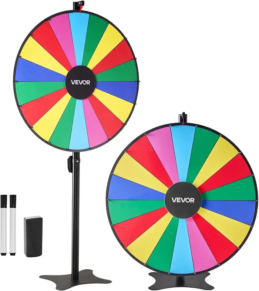VEVOR 36 in Spinning Prize Wheel, 18 Slots Spinning Wheel with Stand, Adjustable Height Win Fortune Roulette with a Dry Erase and 2 Markers, 6 Colors, Easy Assembly, for Party Pub Trade Show Carnival