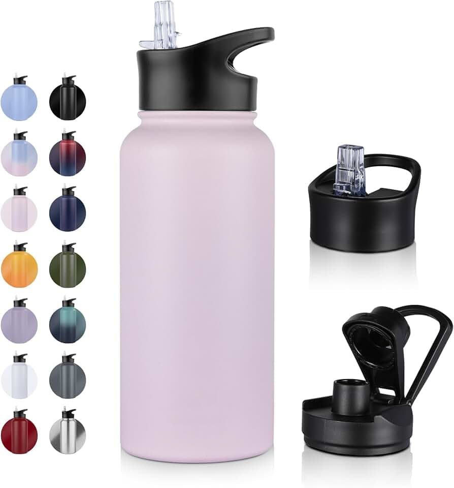 Edelstahl Trinkflasche - 1L - mit Strohhalm,Auslaufsicher,Kohlensäure Geeignet,BPA frei Thermosflasche(+2 Deckel) Vakuum Doppelwandisolierung für Sport,Reisen,Camping,Schule,Fahrrad,Gym