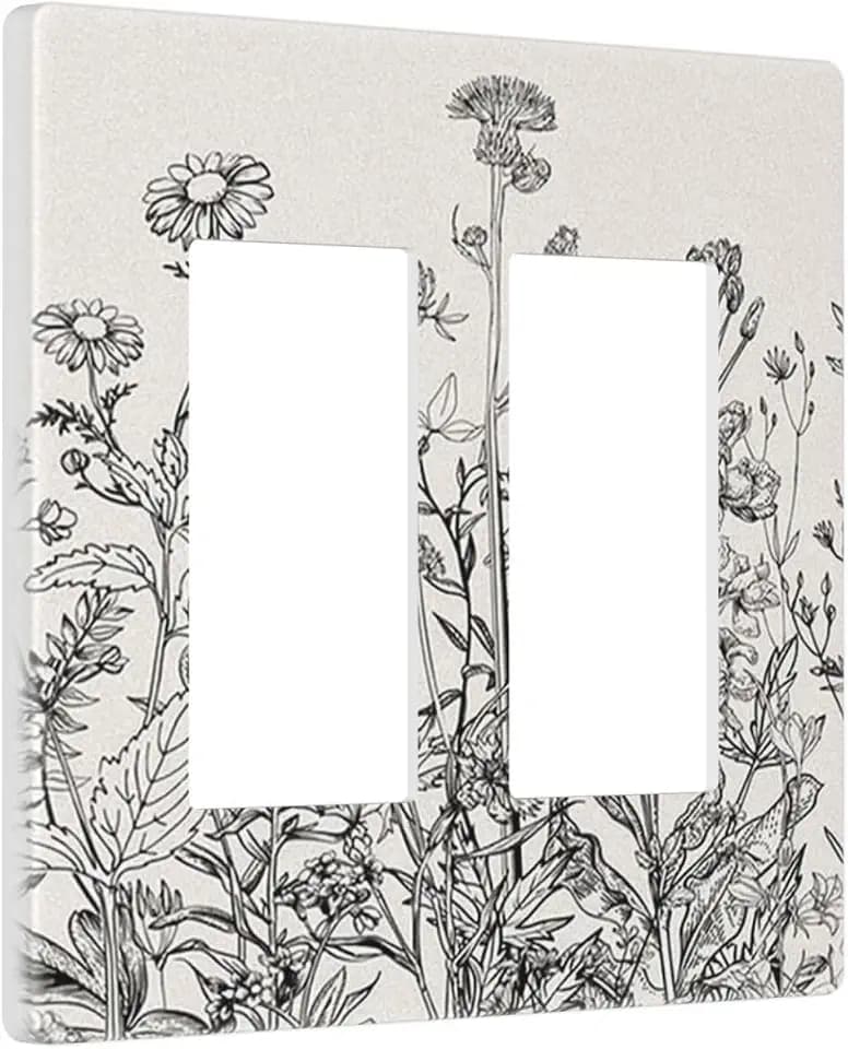 Country Vintage Beige/White Grey Floral Flowers 2 Gang Double Decorator GFCI/Rocker Wall Plate Blossom Spring Garden Sage Scene Electric Outlet Decorative Receptacle Cover Light Switch for Dimmer, USB