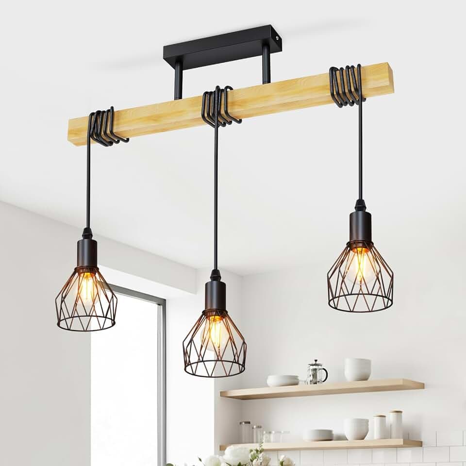 LVWIT Hängelampe 3 Flammig E14 Esstischlampe Hängend, Deckenlampe Küchenlampe Vintage, Wohnzimmerlampe Pendelleuchte Esstisch Holz Schlafzimmer, Hängeleuchte Esstisch Schwarz, 52cm (ohne Glühbirne)
