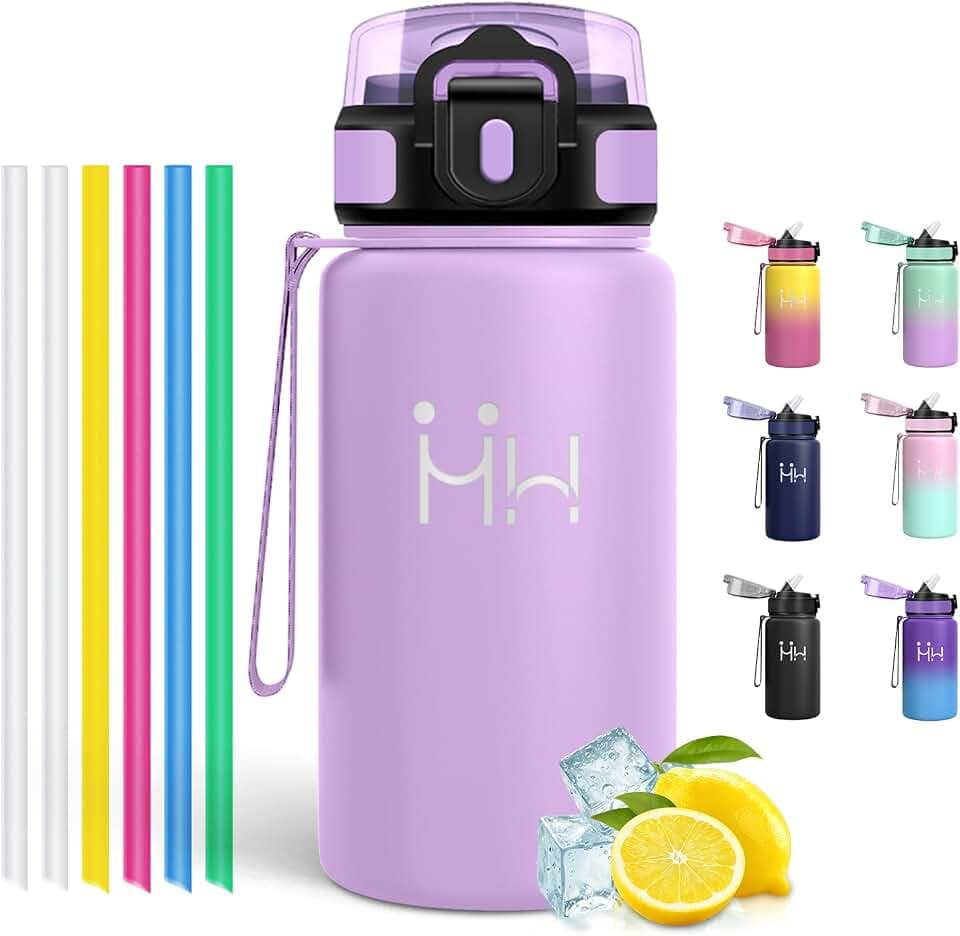 Motswedi Trinkflasche Edelstahl 500ml, mit Strohhalm, Thermosflasche, Kalt&Warm, Auslaufsicher, Thermo Trinkflaschen, Isolierflasche für Schule, Büro, Camping, Hellviolett