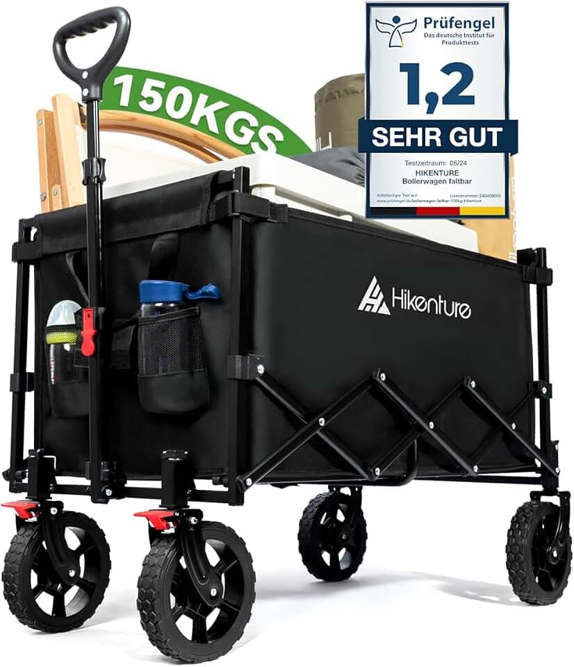 HIKENTURE Bollerwagen Faltbar mit Bremen - 140 Liter Volumen & 150KG belastbar - Extrem Faltbarer Bollerwagen - Klappbarer Handwagen Einkaufstrolley für Strand Camping Einkauf