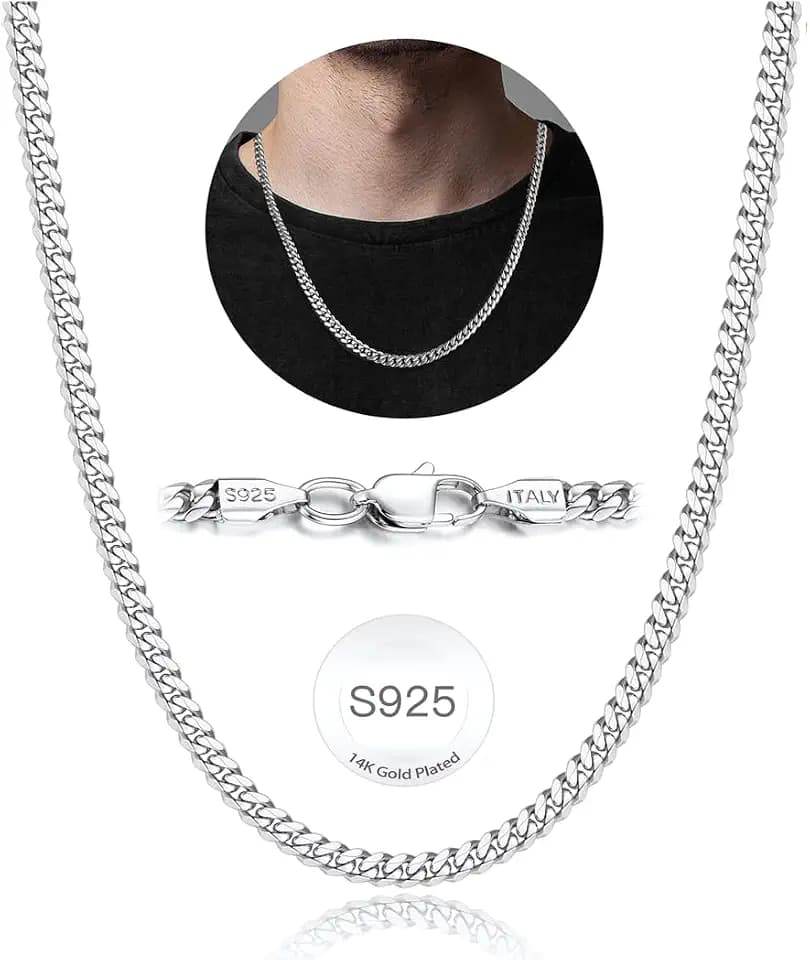 925 Sterling Silver Chain Necklace for Men, 4mm Miami Mens Cuban Link Chain for Men, Sturdy & Comfortable Men's Chain Necklace, 26 Inches