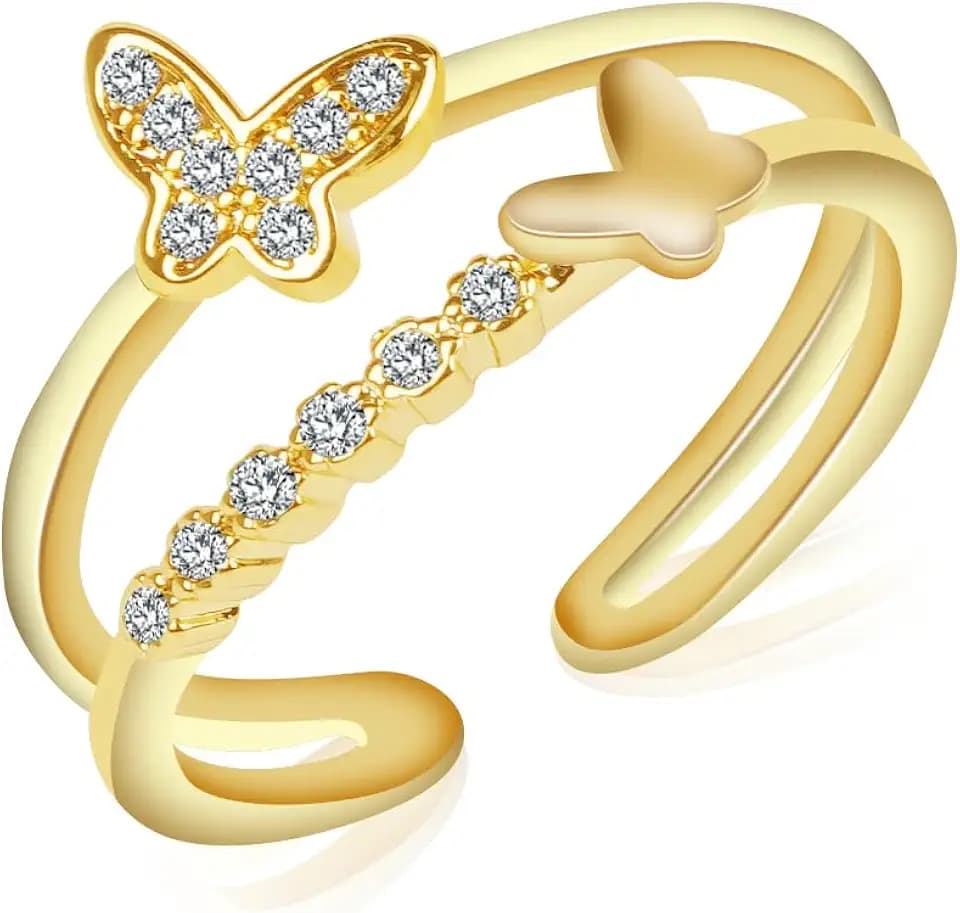 14K Gold Plated Stackable Adjustable Ring for Women, Cubic Zirconia Chain Link Open Ring with Knot Pendant Charm Band, Dainty Statement Jewelry