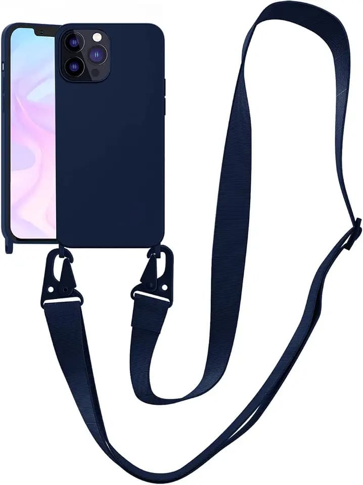 Handykette Handyhülle kompatibel mit Apple iPhone 15 Pro Necklace Hülle Nylon Schultergurt Weich Silikon TPU Cover mit Kordel zum Umhängen Schutzhülle mit Stylische Band(Navy Blue)