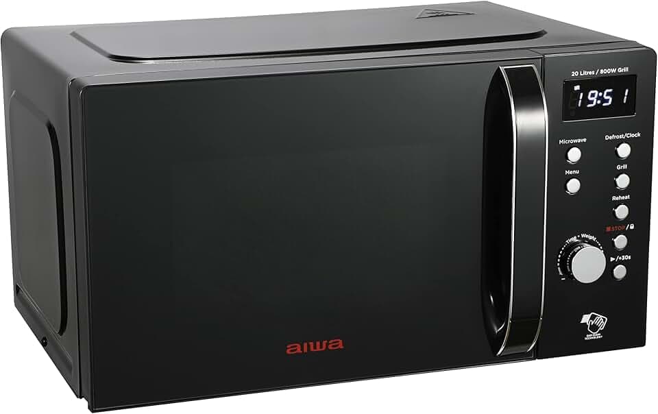 Aiwa AMW-202DG/BK Digitale Mikrowelle mit Grill, 20 l, 700 W, Sicherheitsverriegelung, Teller 25,5 cm, Grillrost aus Edelstahl, Express Cooking mit 8 Modi, Timer, Farbe: Schwarz