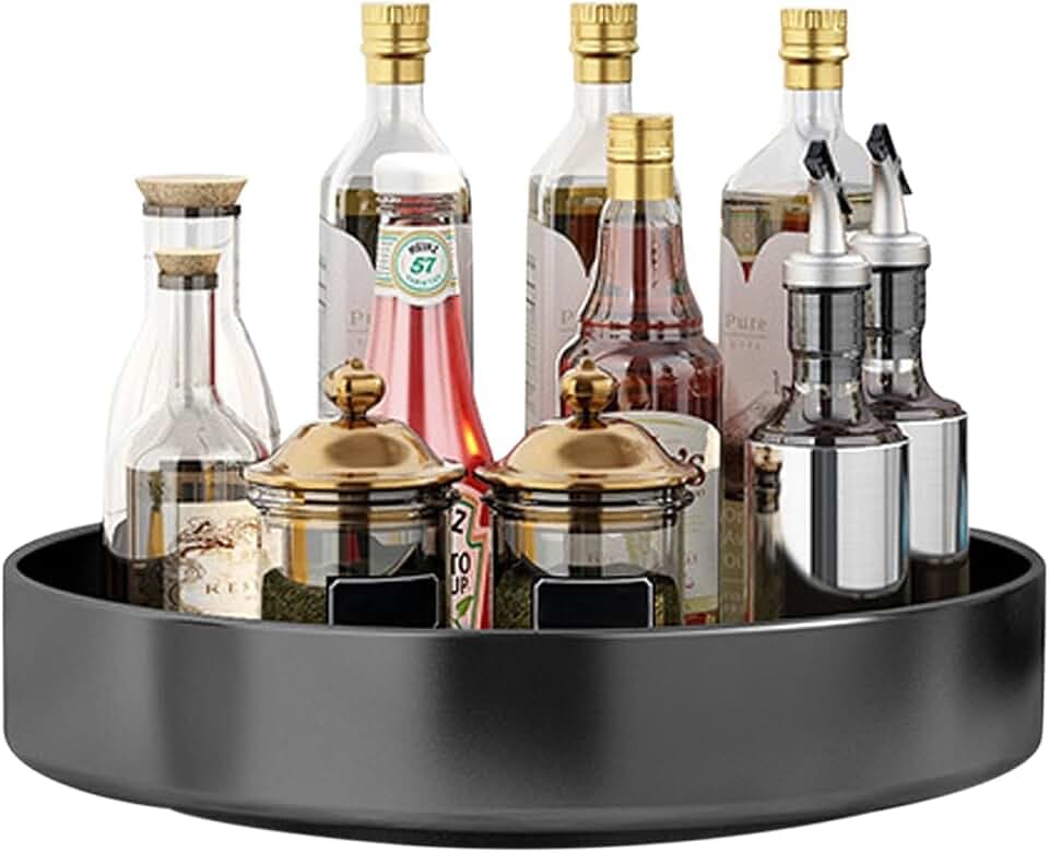Lazy Susan Drehteller Organizer,30cm Drehbares Gewürzregal aus Kohlenstoffstahl Küchen Drehteller Schrank Organizer für Speisekammer Küche Arbeitsplatte Kühlschrank Tisch Aufbewahrung (Schwarz)
