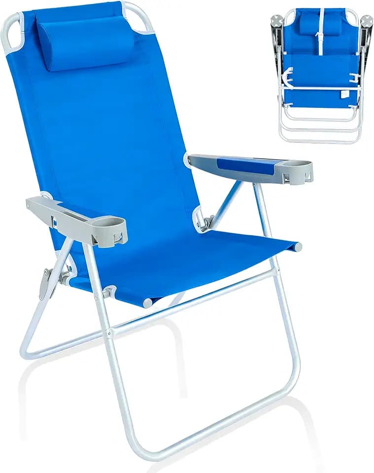SUNNYFEEL Oversized Tall Folding Beach Chair Lightweight, 17" Portable Sand Chair for Adults Heavy Duty with Cup Holders and Headrest, Foldable High Camping Lawn Chairs for Camp/Outdoor/Picnic/Sports