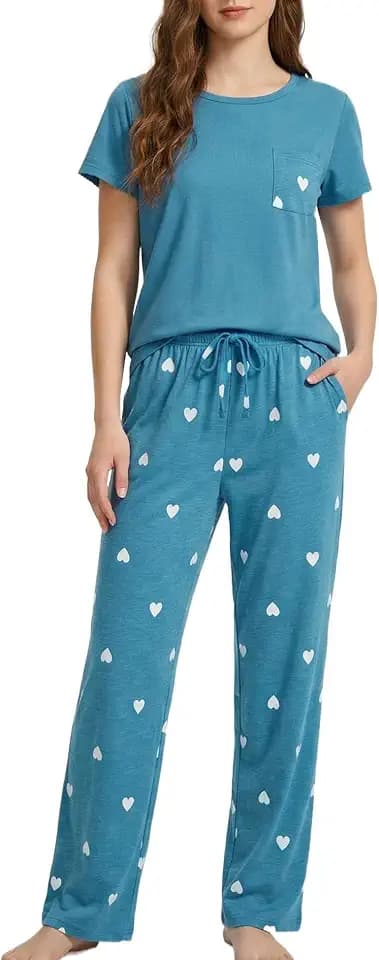 ENJOYNIGHT Womens Pajama Set Cotton Short Sleeve Top Pant Pjs with Pockets