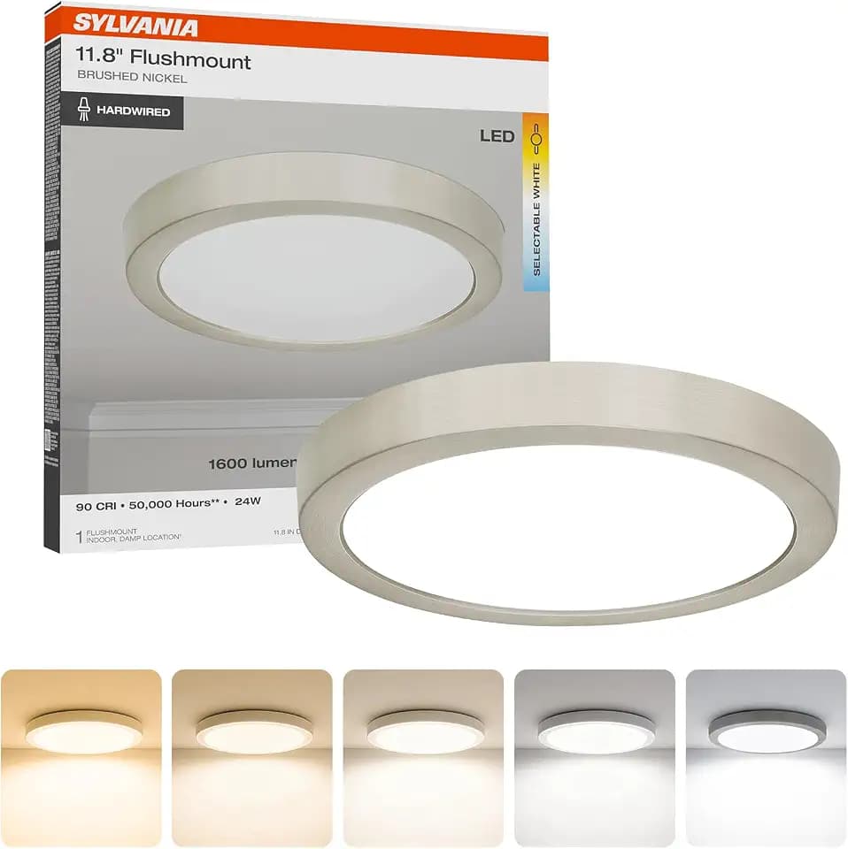 Sylvania 12" LED Flush Mount Ceiling Light Fixture, 24W, 5 Color Select (2700K - 5000K), 1600 LMS, Hardwired, Brushed Nickel, LED Lights for Bedroom Kitchen Hallway Porch - 1 Pack (66463)