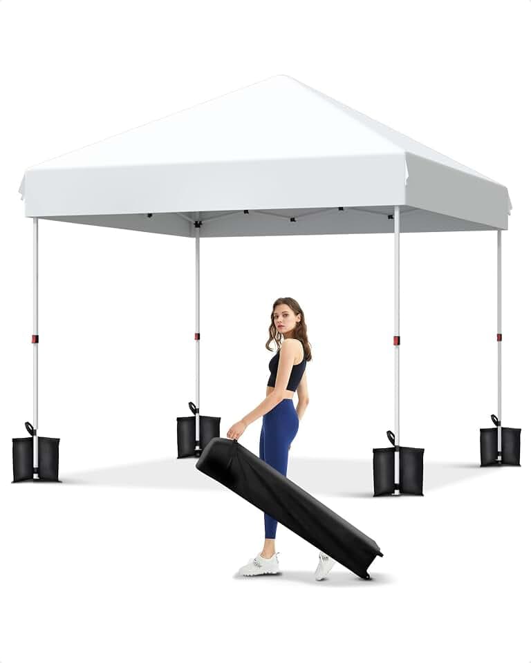 Garvee 10x10 Pop Up Canopy, Beach Ten with One Push Setup, Reinforced Frame, Outdoor Easy Up Canopy Tent with Portable Roller Bag, 3 Adjustable Height, Sandbags, Silver Coated Top, White
