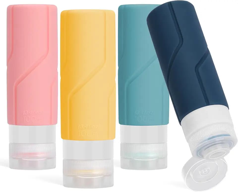Alyvisun 4 Stück Silikon Reiseflaschen 100ml, [Nachfüllbar & Auslaufsicher] Reisegröße Behälter, Reiseflaschen zum Befüllen von Shampoo, Lotion, Kosmetik