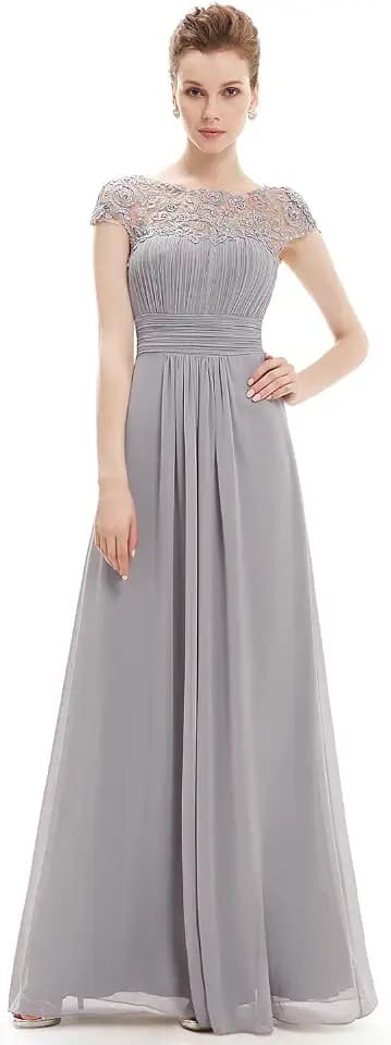 Ever-Pretty Damen A-Linie Abendkleid Spitze Frauen Ballkleid Rundkragen Chiffon Lange Grau
