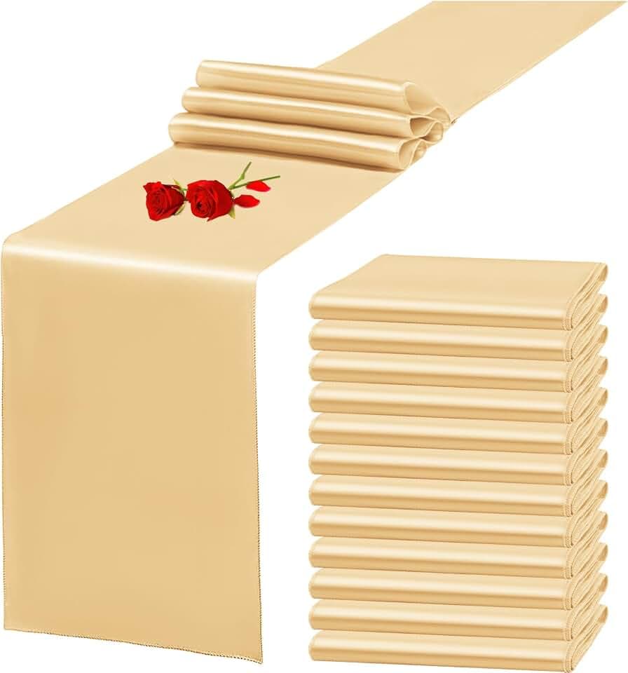 12 Pack Champagne Satin Table Runner 12 x 108 Inch Long Premium Table Runners for Wedding Party Events Decoration, Birthday Parties, Banquets Decorations, Graduations, Engagements