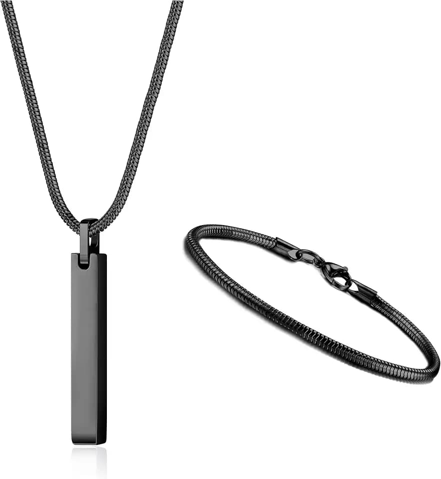 YADOCA Kette Herren Bar Anhänger Edelstahl Halskette und Armbänder für Männer Frauen 3mm Schlangenkette Halskette und Schlangenkette Armband Set Länge 55cm Silber/Schwarz