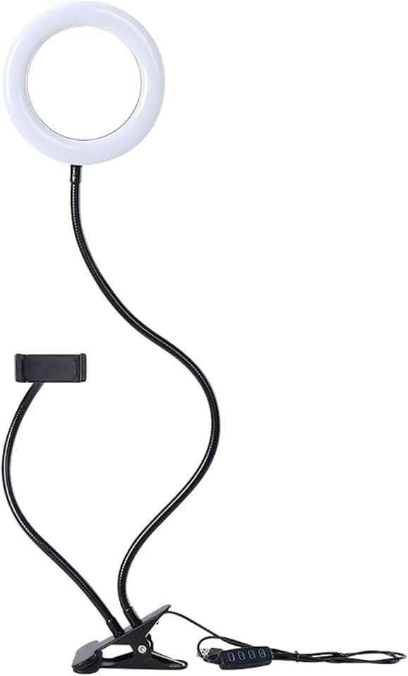 D90DS LED Ringlicht 9cm mit Smartphonehalter - Dimmbare Ringleuchte mit 3 Farbmodi, 10 Helligkeitsstufen, 360° Schwanenhals & USB-Anschluss für Beauty-Fotografie, Make-up, Streaming und Selfies