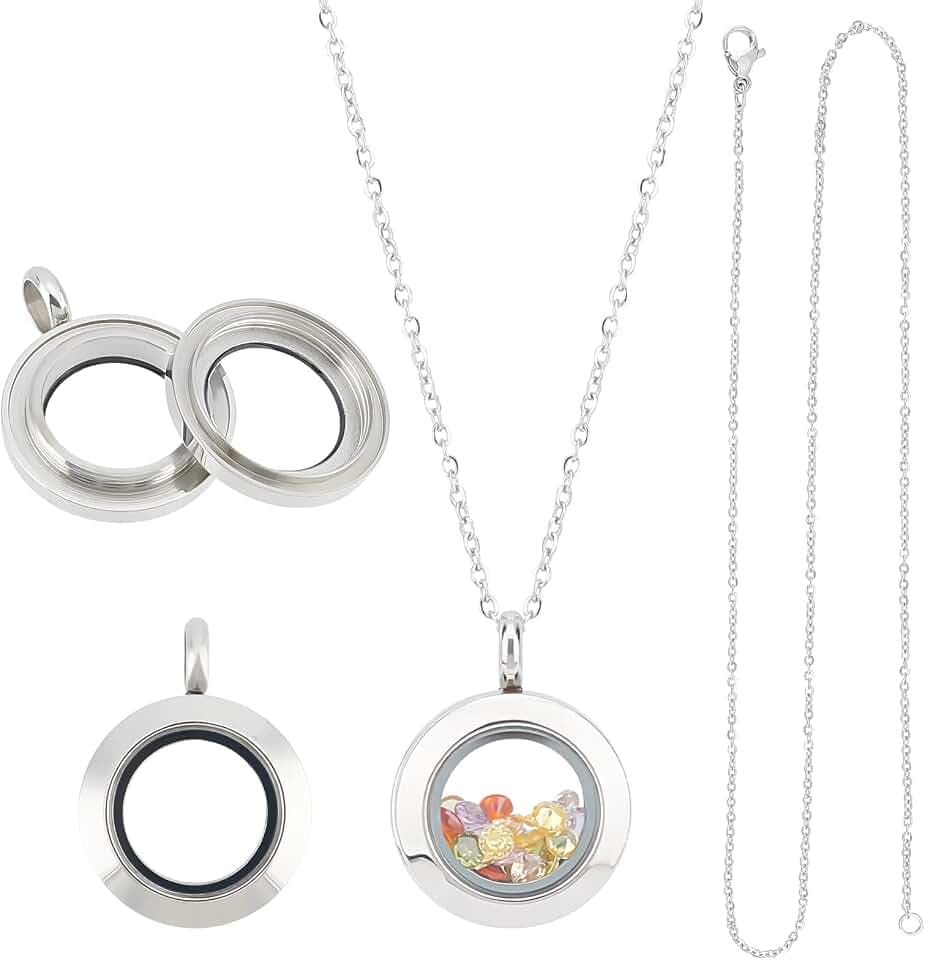 UNICRAFTALE about 2pcs Stainless Steel Floating Locket Pendants Crystal Double Sided Frame Memory Locket Charm Glass Container Memory Flat Round Charm with 450mm Necklace for Jewelry Making