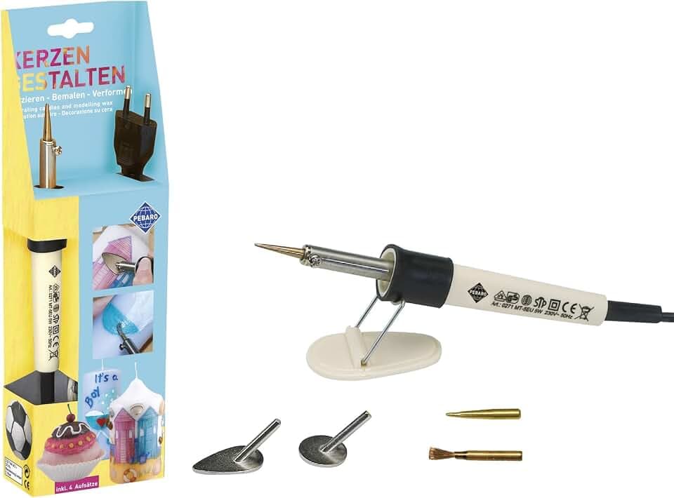 Pebaro 0271 Kerzenkolben Set mit Schreibspitze, Messingbürste und Bügeleisen, Kerzen verzieren, modelieren, verformen, bemalen; Basteln und Arbeiten mit Wachs Wachsfarben, Kreativ Set, vielfältig, 30 x 9 x 4,5 cm