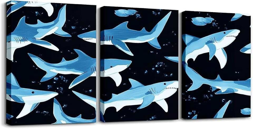 Homemissing Leinwandbild, Hai, 40 x 30 cm x 3 Stück, für Wohnzimmer, Schlafzimmer, Ozean, Meeresmotiv, Bild, Wanddekoration für Badezimmer, Kreatur, Meeresbewohner, Kinder, Jungen, Mädchen, Kunstwerk