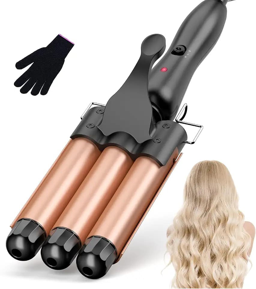 Lockenstäbe 3 Fässer für Große, Welleneisen für Haare, Lockenstab 3 fässer-Beach Waves Lockenstab Temperatureinstellung Schnelle Erwärmung mit Handschuh, Rosa