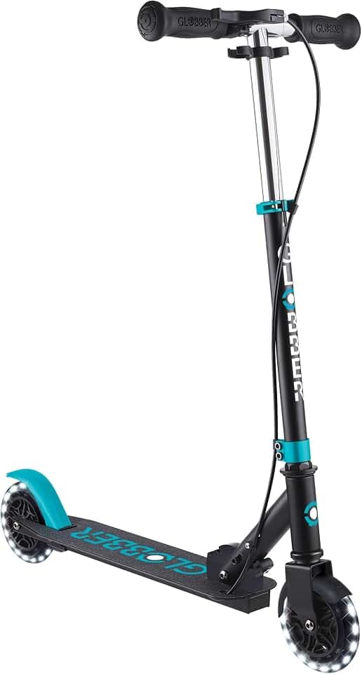 Globber Flow Element Junior Lights - Faltbarer Tretroller mit 2 Rädern mit Hinterradbremse, verstellbarem Lenker und LED-Lichtern, für Kinder ab 4 Jahren - Türkis