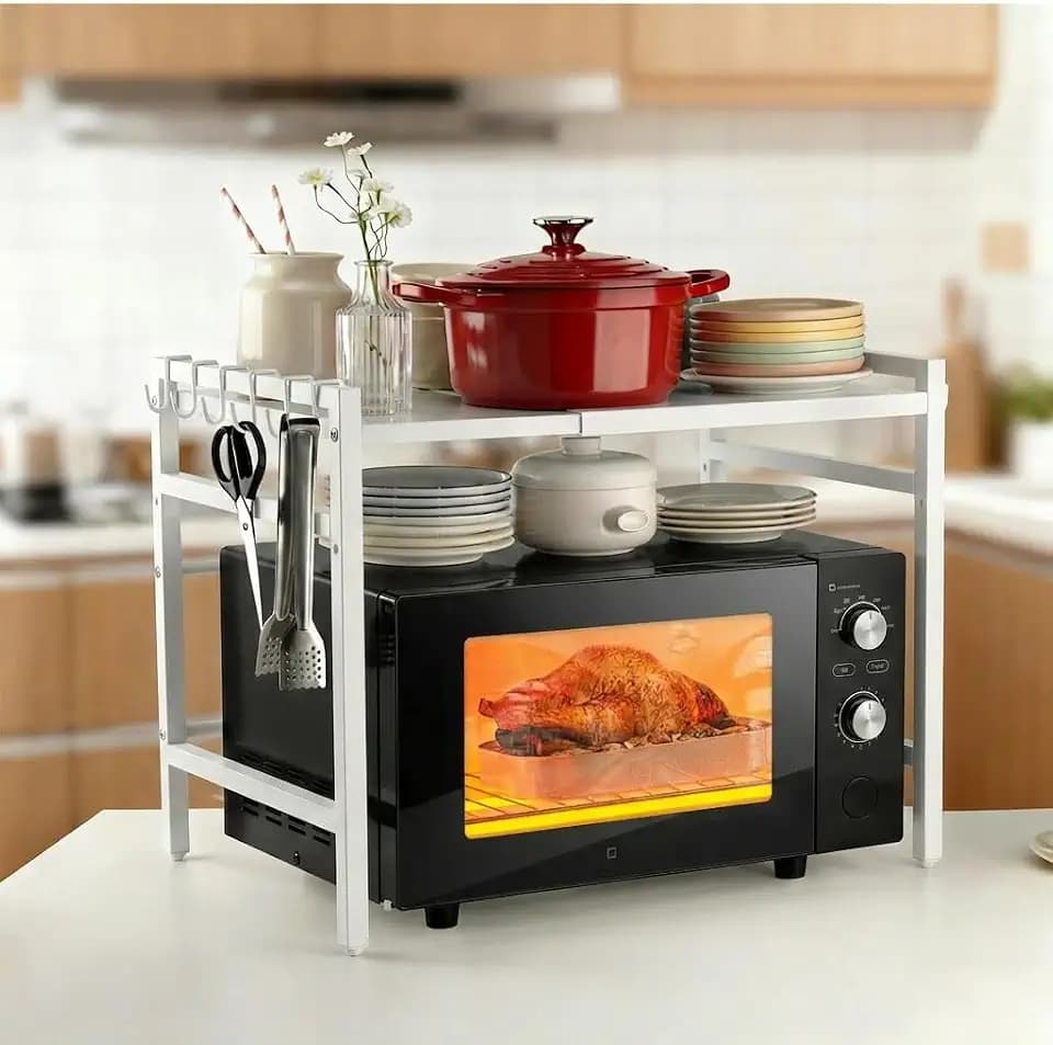 VINATO Mikrowellenregal Höhenverstellbar - Ohne Bohren! Stahlregal mit 50kg Tragkraft & Haken, Verstellbar 40-63cm - Für Küche, Mikrowelle, Backofen Weiß