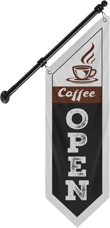 Coffee Open Flag, Double-Sided Hanging Banner with Flagpole Kit & Bracket – Coffee Signs for Cafés, Shops, and Street Vendors (Black-B, 27")