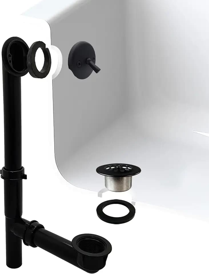 Westbrass A592144-62 1-1/2" x 14" Black Poly Tubular Bath Waste & Overflow Assembly with Trip Lever and Beehive Strainer Grid Drain Cover, Matte Black