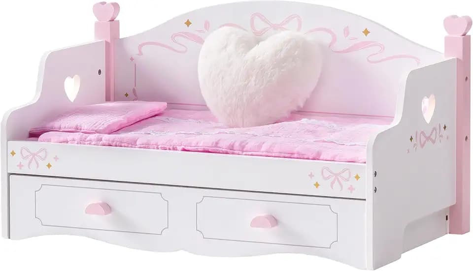 ROBUD Puppenbett & Sofa-Set für 45 cm große Puppen, 2-in-1 Puppen-Etagenbett Holz mit Matratze, Decken & Kissen, umbaubares Sofa zum Spielen, Geschenk für Mädchen ab 3 Jahren