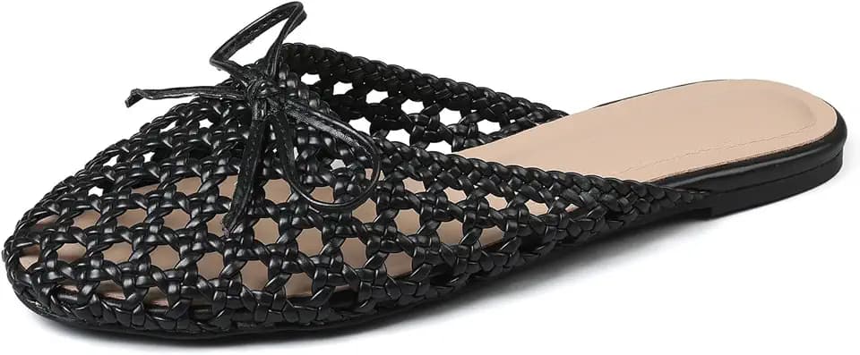 Lyrisiphy Round Toe Woven Mule Flats Women Mesh Flat Sandals