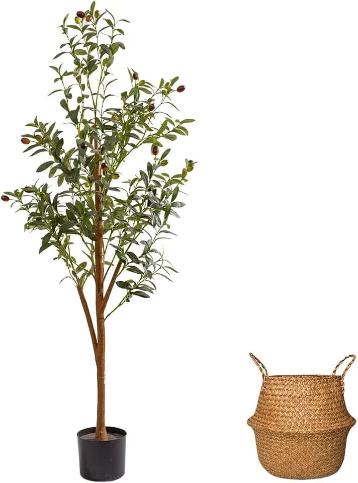 4Ft Artificial Olive Tree with Moss & Basket - Indoor Tall Faux Olive Tree in Planter, Large Fake Olive Silk Tree with Realistic Branches and Fruits for Home Decor, Office, Living Room