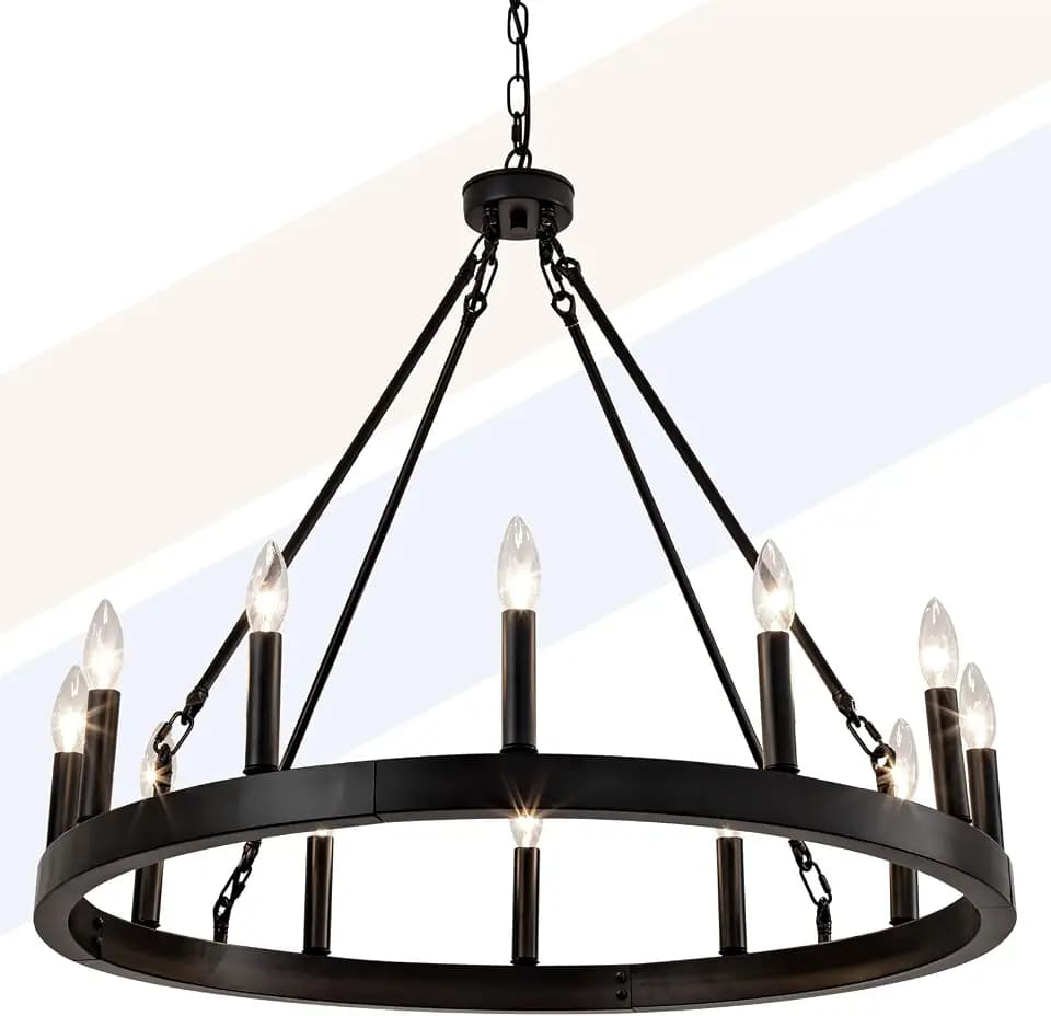 ZVL 12-Light Black Wagon Wheel Chandelier, 32 Inch Wagon Wheel Light Fixture Adjustable Height Round Iron Outdoor Chandeliers for Porch, Dining Room, Farmhouse, Living Room, E12 Socket