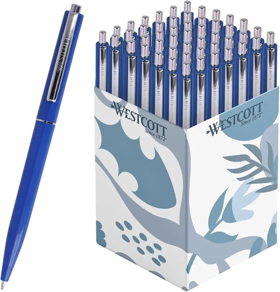 Westcott Kugelschreiber ALLTIME Blau 50 Stück | Vorteilspack Druckkugelschreiber mit blauer Tinte | Strichstärke M mit X20 Standardmine | Dokumentenecht ISO 12757-2 | Stabiler Metallclip | E-737456 00