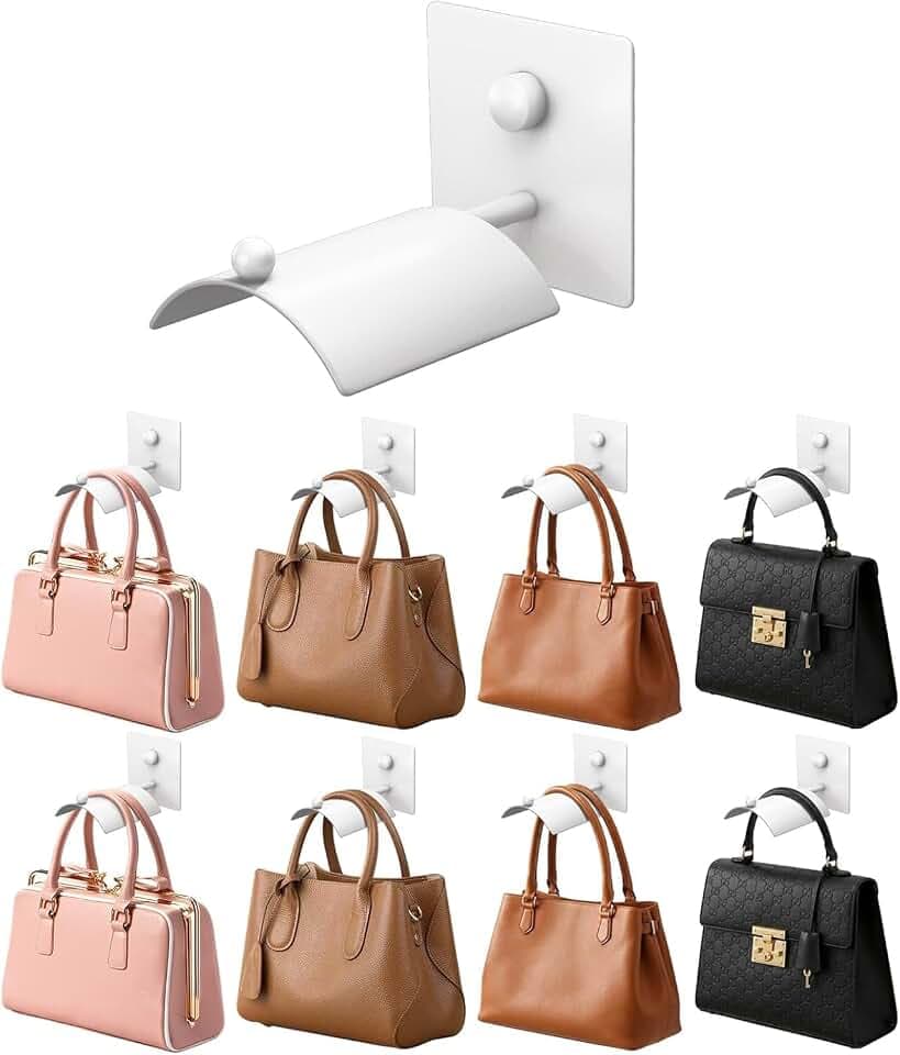 Wall Mounted Purse Organizer for Closet – Arc Handbag Holder Protects Handles & Saves Space, Adhesive or Screw Mount, Purse Hanger for Bedroom, Entryway, Office & Closet Storage (White)