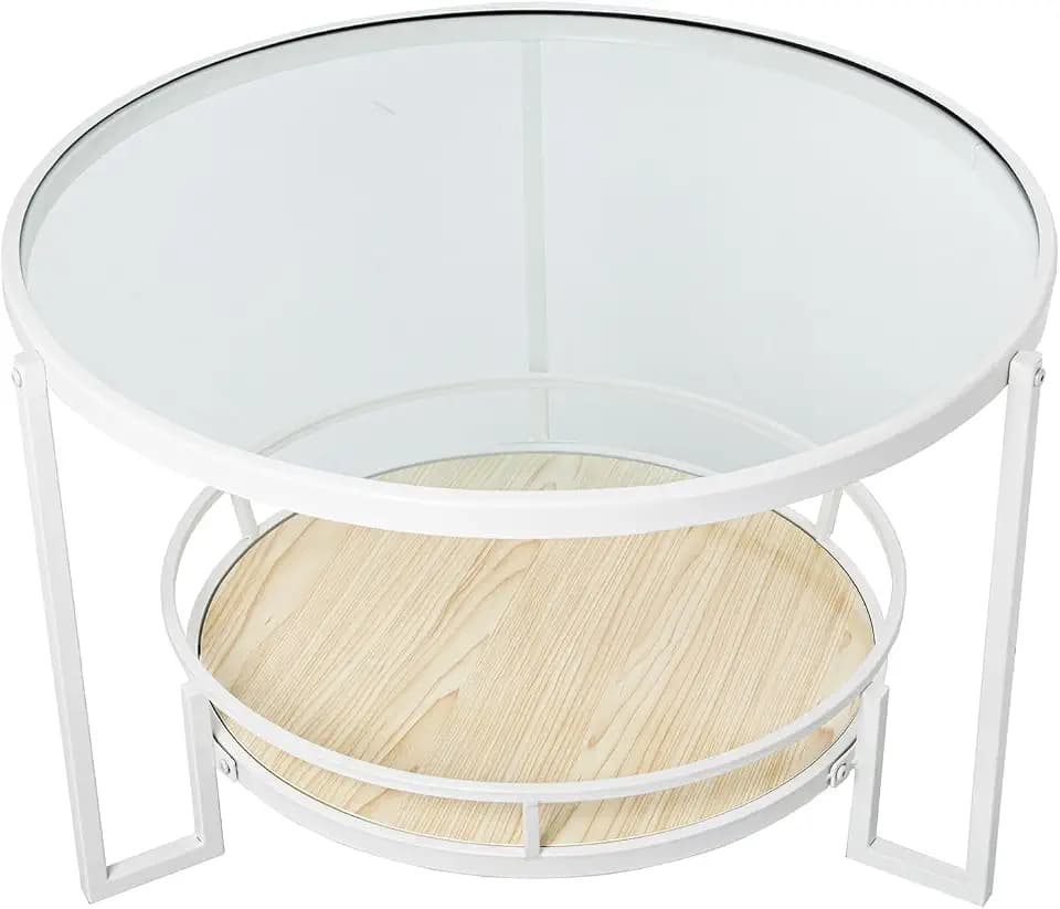MESA AUXILIAR METAL BLANCO/CRISTAL TRANSP. /BALDA MADERA_°70X45CM BALDA:°50CM