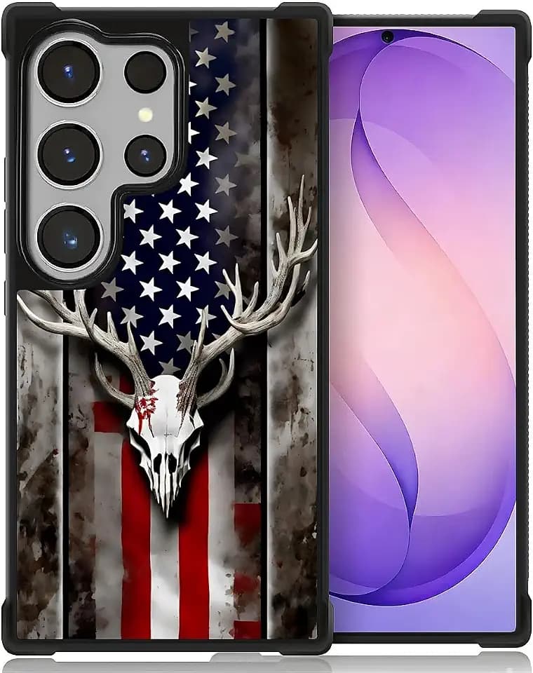 CARLOCA Case for Samsung Galaxy S26 Ultra,American Flag Camo Deer Skull Design Shockproof with 4-Sided Airbag, Anti-Scratch & Anti-Slip TPU Cover - Protective Phone Case for Men Women