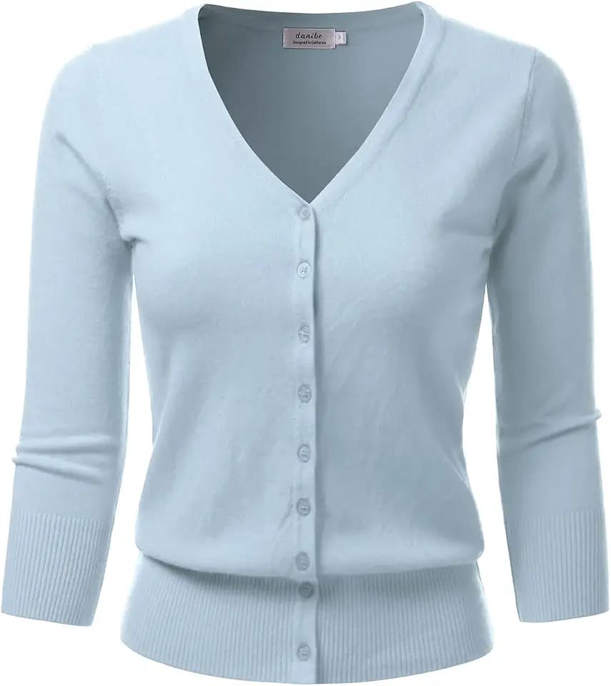 Women's 3/4 Sleeve V-Neck Button Down Knit Sweater Soft Cardigan (S-XXL)