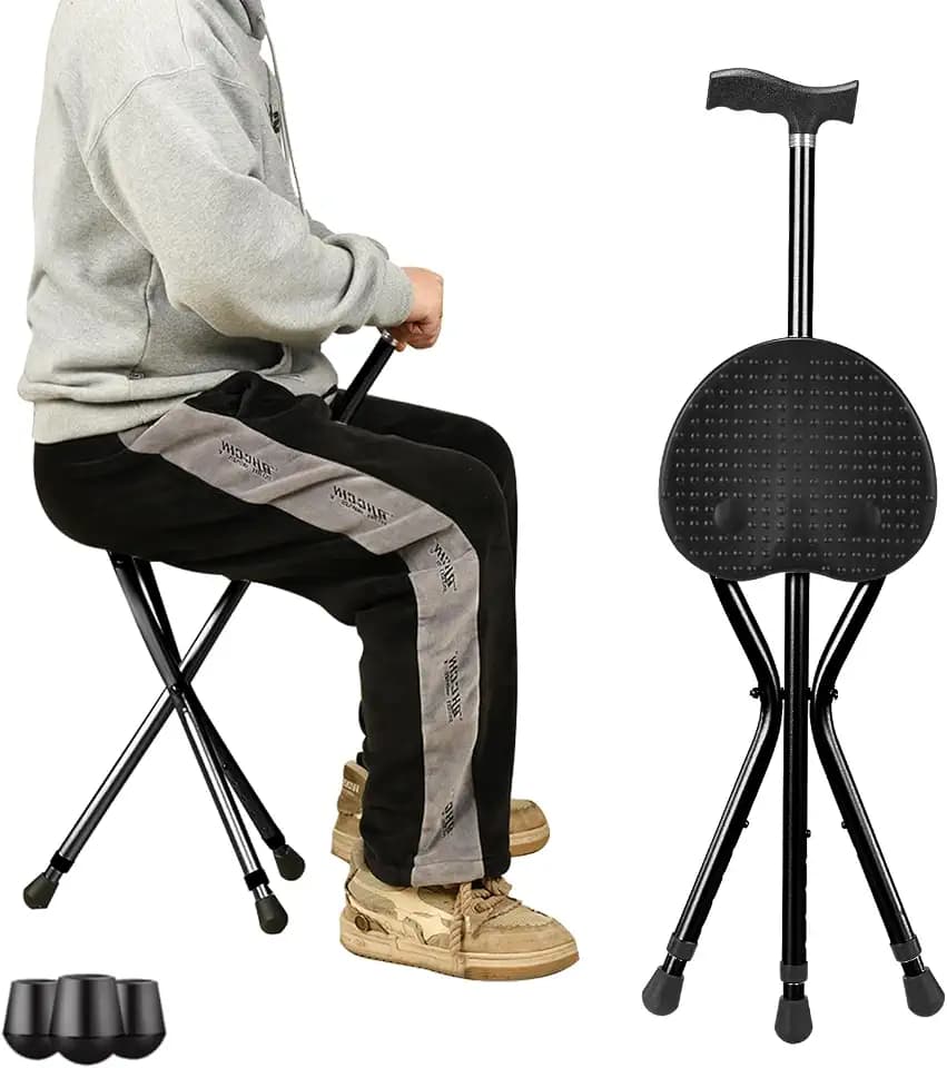 Cane with Seat, Folding Walking Cane Chair with LED Light, Height Adjustable Lightweight Aluminum Walking Stick with Seat, Portable Seat for Seniors & Adults, Fits 55.1–78.7 in Height, 250 lb Capacity