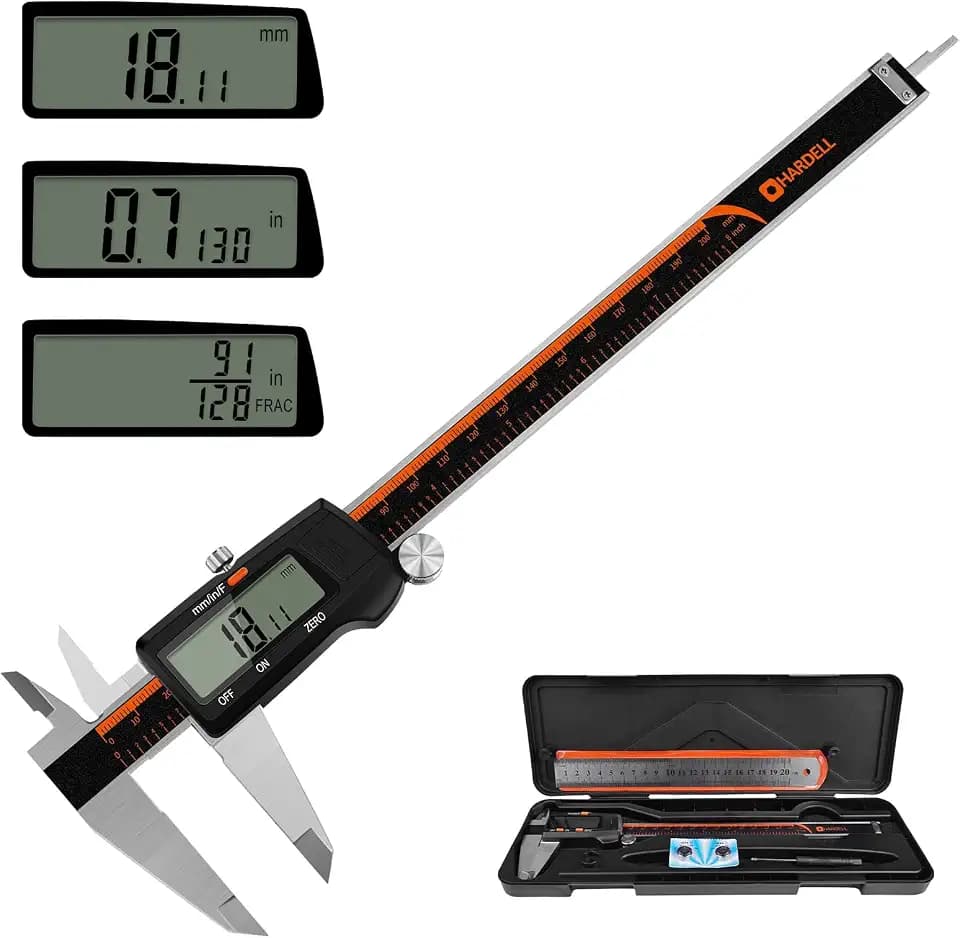 HARDELL Digitaler Messschieber, 0-8 Zoll Messwerkzeug mit großem LCD-Display, Edelstahl, Auto-Off, Zoll/Bruchteile/Millimeter, wasserdichter digitaler Messschieber für DIY/Haushalt/3D-Druck