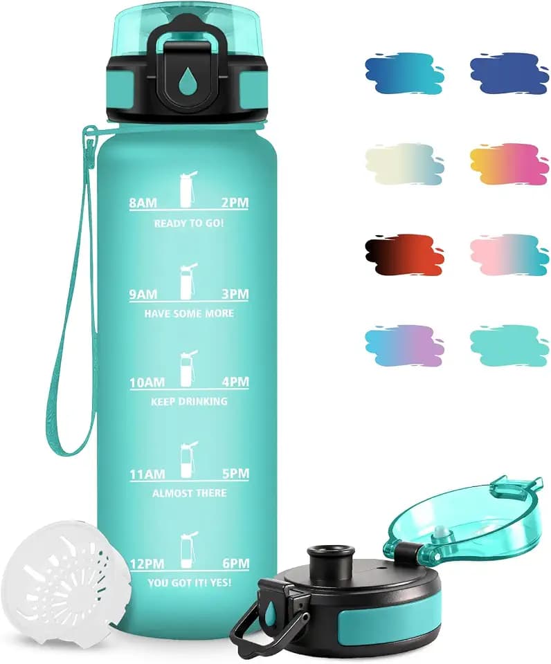 Wasserflasche 1L, Trinkflasche Kohlensäure Geeignet, Trinkflasche mit Filter, Auslaufsicher, Sport Wasserflasche mit Zeitmarkierung, Sportflasche für Radfahren, Klettern, Bergsteigen, Yoga