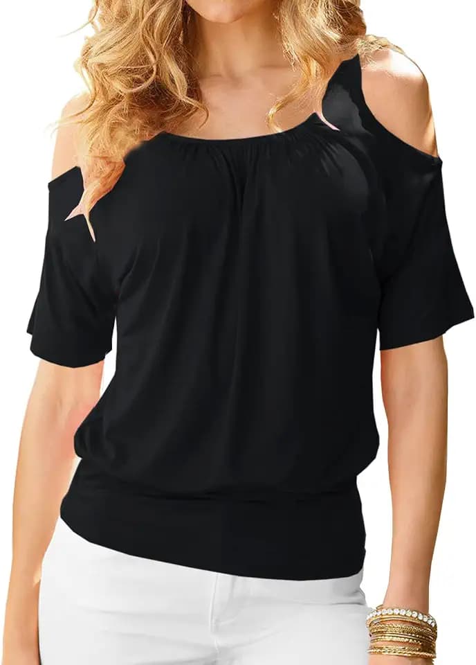 LEIYEE Womens Cold Shoulder Tops Summer Sexy Casual Short Sleeve Ruched Scoop Neck Banded Bottom Shirts Blouse
