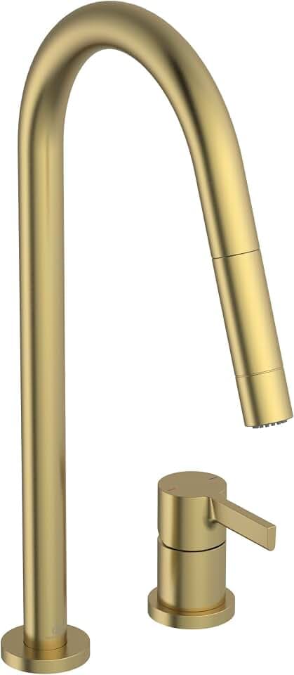 Ideal Standard – Gusto 2-Loch Küchenarmatur, Hoher Auslauf mit zylindrischem Querschnitt, mit 2-Funktionshandbrause, Schwenkbereich 360°, Schaftverschraubung von unten, Brushed Gold