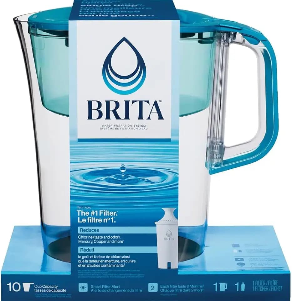 Brita Tahoe Large 10 Cup Water Filter Pitcher with Smart Light Filter Reminder and 1 Standard Filter- Transparent Teal