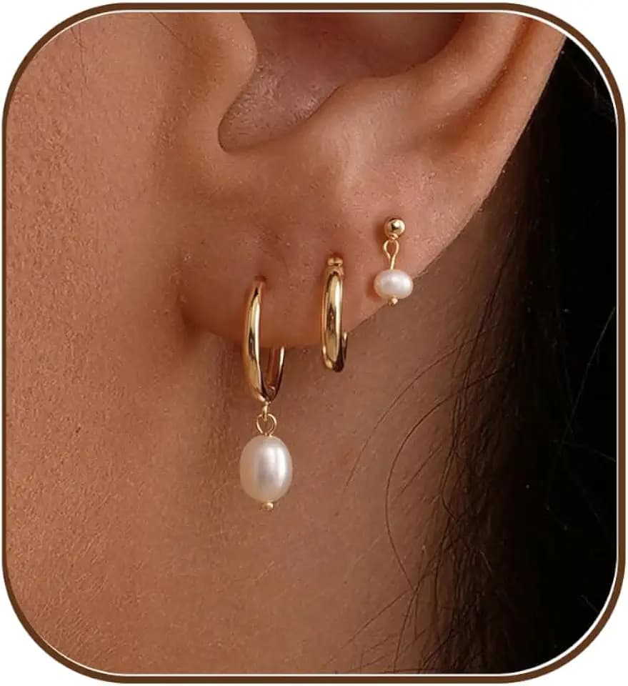 Gold Earrings for Women, 14k Gold Plated Dangle Huggie Earrings for Women Trendy Dainty Gold Hoop Earring Stacks Hypoallergenic Pearl Chain Drop Cartilage Earring Fashion Womens Jewelry
