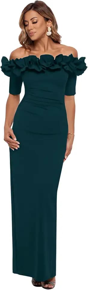 Xscape Women's Long Off-the-Shoulder Ruffle Neck Formal Evening Gown with ¾ Sleeves and Back Slit
