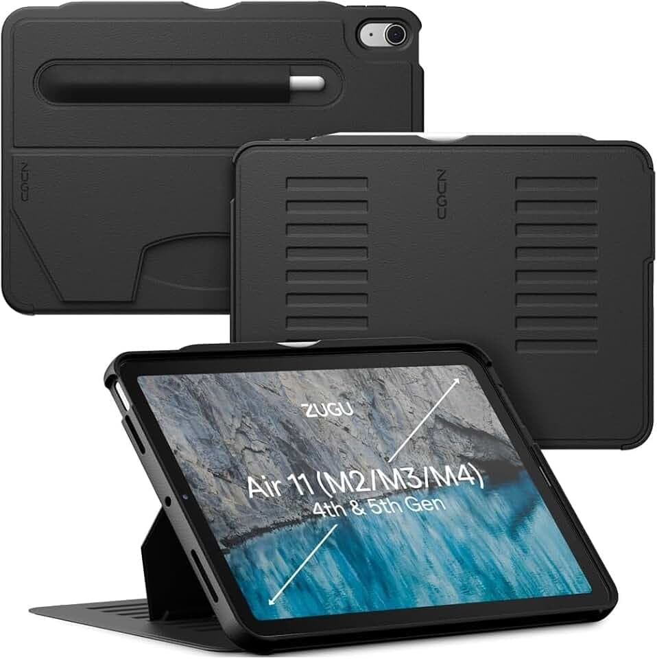 ZUGU Case für iPad Air 11 Zoll M2/M3/M4 iPad Air 10.9 Gen 5/4 [Schwarz] | Schlanke Schutzhülle - Praktischer magnetischer 8-Winkel-Ständer - Pencil-Halter mit Ladefunktion - Auto Sleep/Wake Up