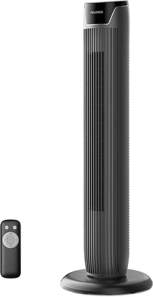 PELONIS Turmventilator mit Fernbedienung - 5 Geschwindigkeitsstufen & 4 Modi (AI/Nacht/Naturwind) 9H Timer, LED-Display mit Speicherfunktion - Energiesparender Ventilator für Büro Schlafzimmer