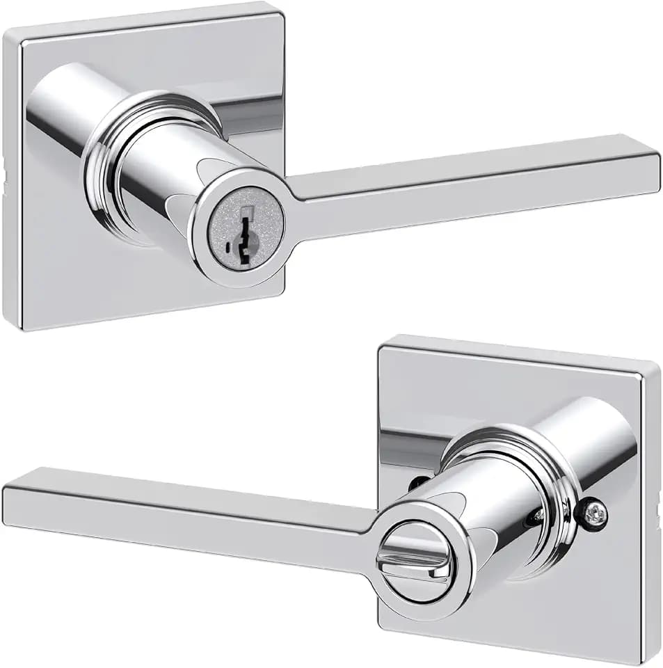 Kwikset Casey Entry Door Handle with Lock and Key, Secure Keyed Reversible Lever Exterior, Door Lock, For Front Door Entrance and Bedrooms, Polished Chrome, Pick Resistant Smartkey Rekey Security