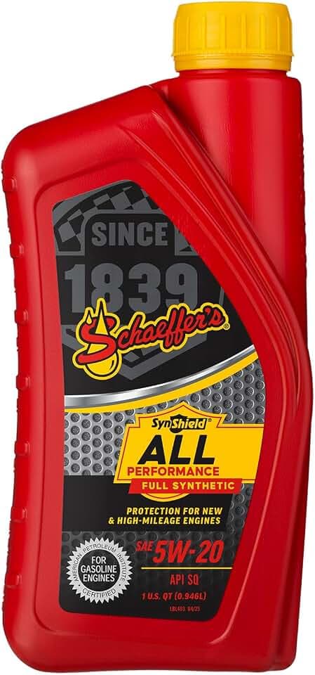 Schaeffer Manufacturing Co. 6520-012S SynShield All Performance Full Synthetic Gasoline Engine Oil 5W-20 For New and High Mileage Engines, 1-quart bottle